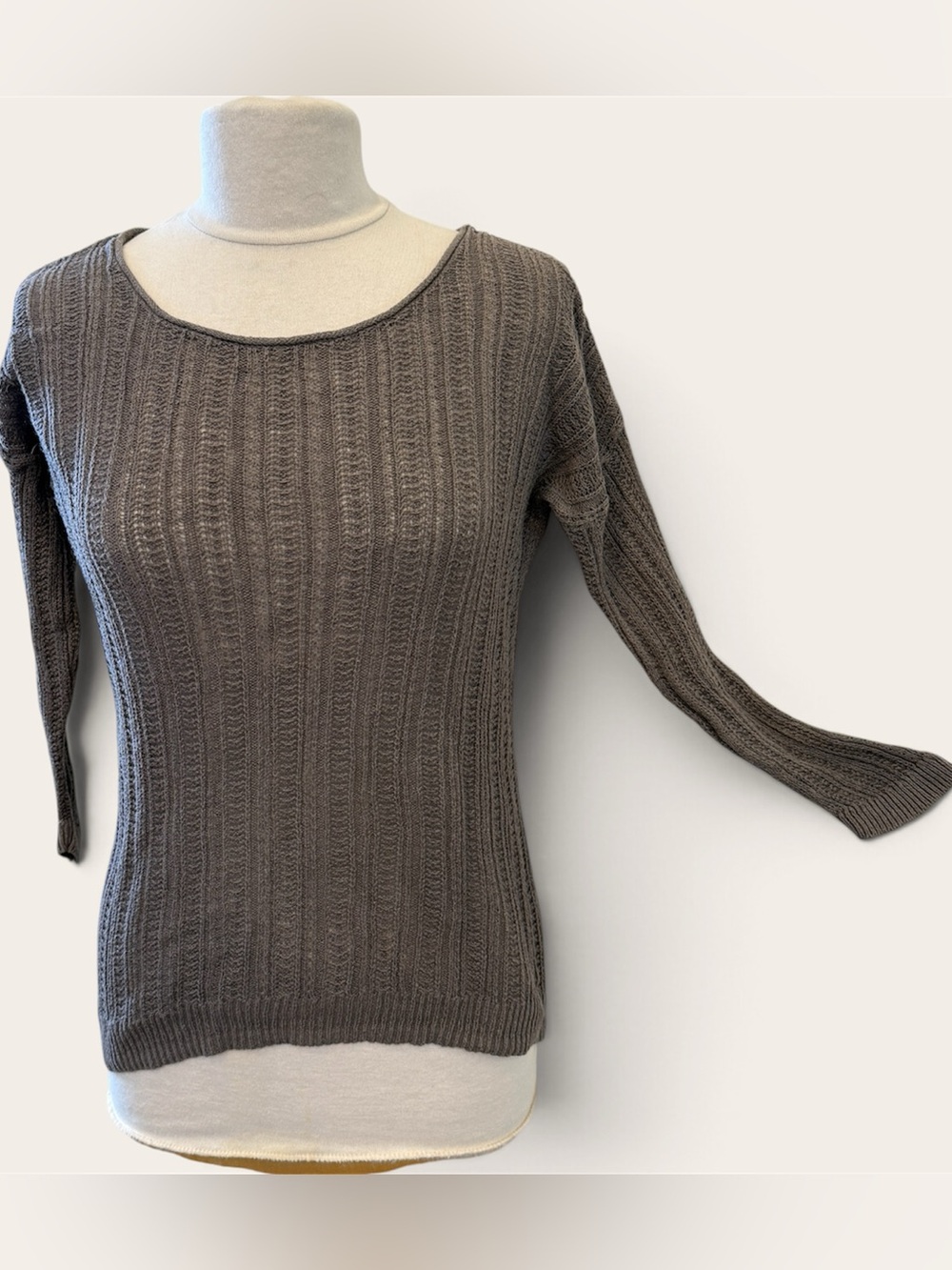Old Navy Open Weave Knit Mocha Brown Long Sleeve Fitted Sweater High Low Hem M